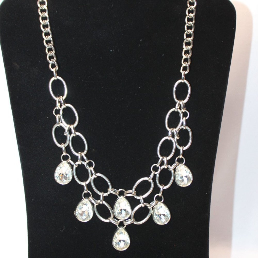 Chunky Silver Link Layered Rhinestone Statement Necklace